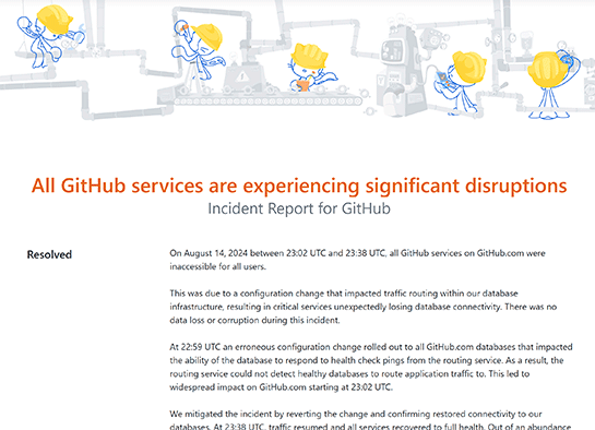 GitHub、全サービスがデータベースの設定変更ミスでアクセス不能に。設定を元に戻して30分後に復旧