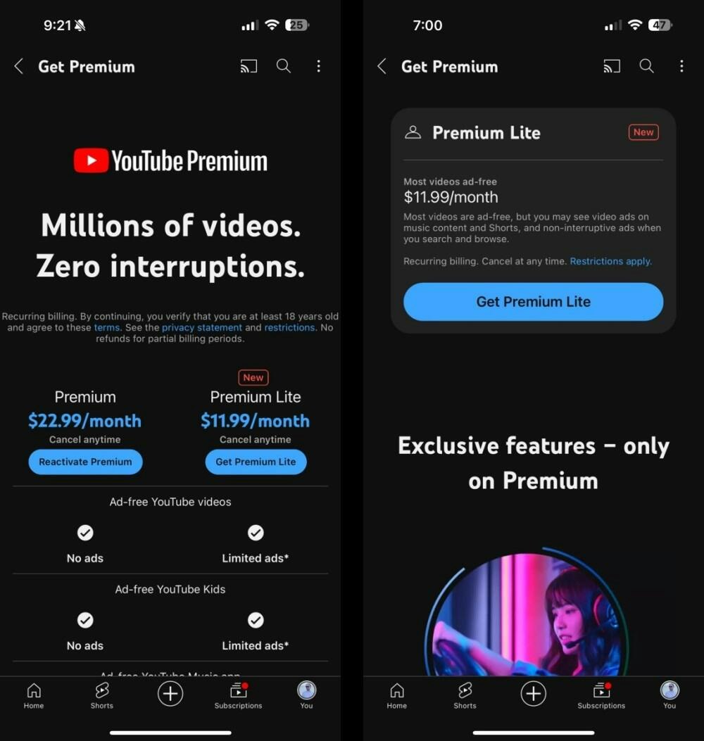 Google 測試 YouTube Premium Lite 價格減半 增加部分廣告