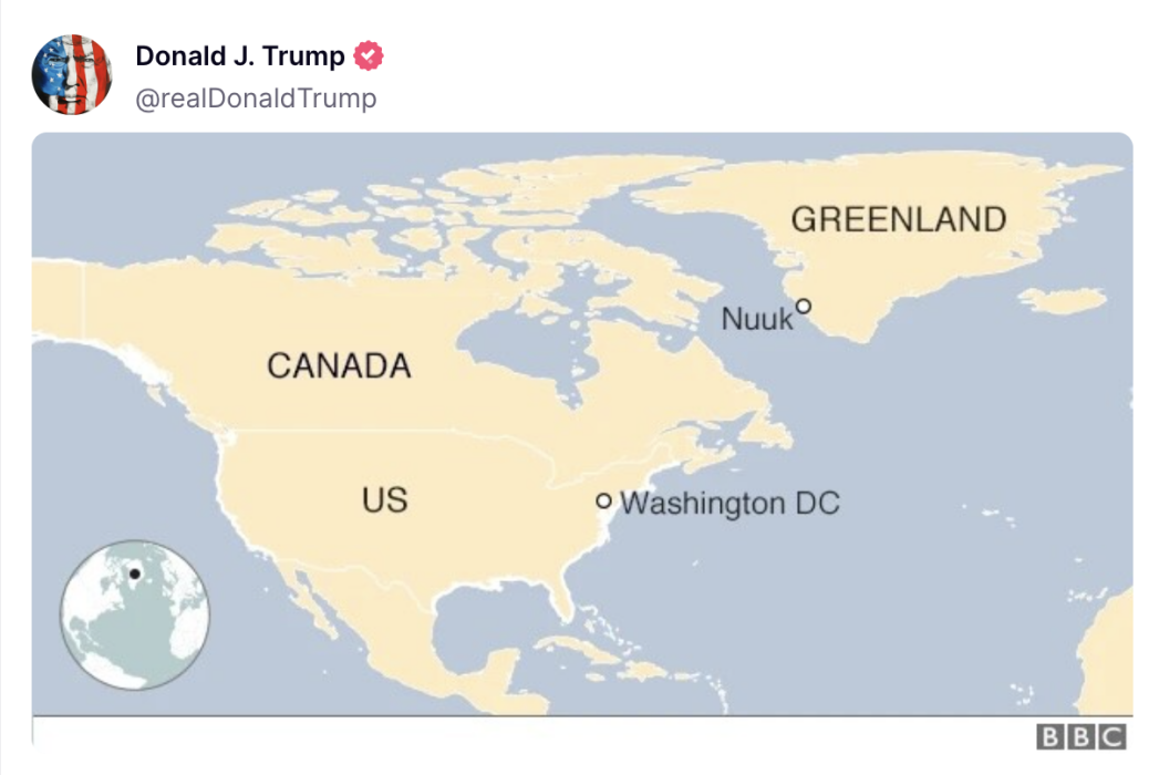 特朗普发了张“新地图”：美国、加拿大和丹麦格陵兰岛均用统一颜色标记